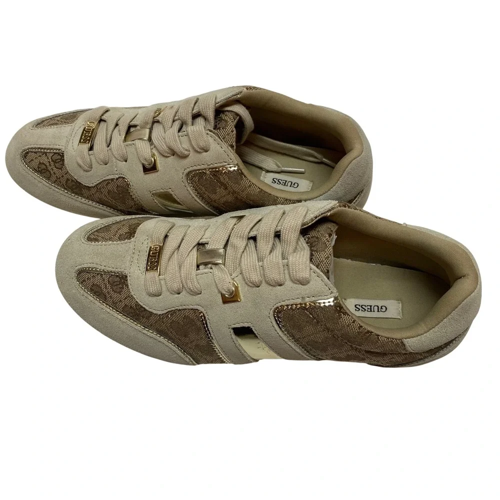 GUESS Womens‎ Monogram Suede Sneakers Tan Gold Lace Up Low Top Shoes 10 NIB